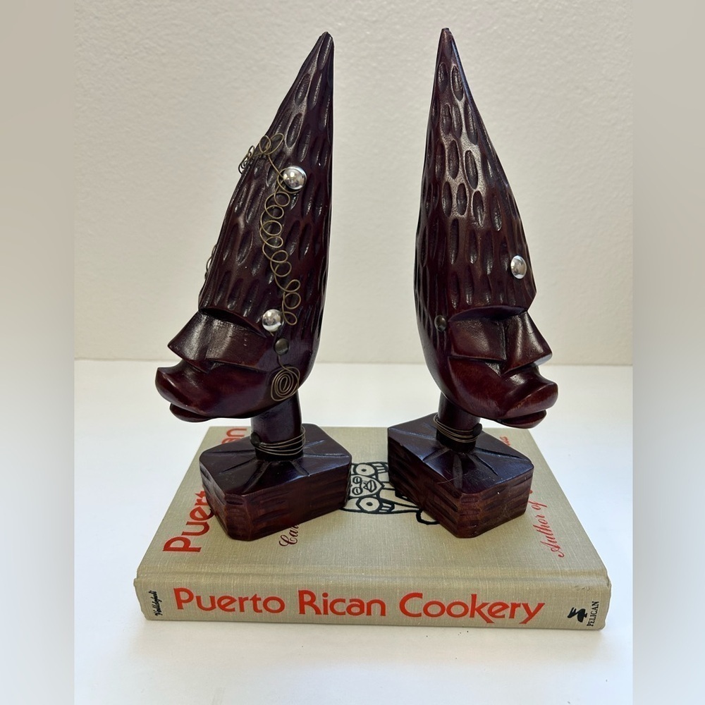 Vintage/ African Wood Carved Man and Woman /Head Bust On Wood Base Haitian set